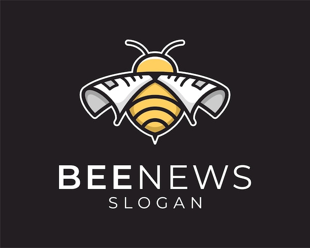 Ape miele insetto giallo mosca ala giornale carta news foglio cartoon mascot smart vector logo design