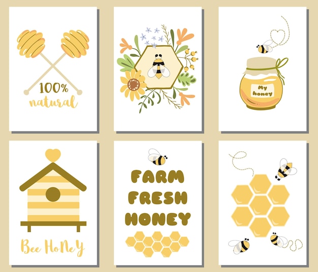Set di miele d'api modelli di carte carini vaso di miele floreale a nido d'ape testo alveare cucchiaio banner collezione organica