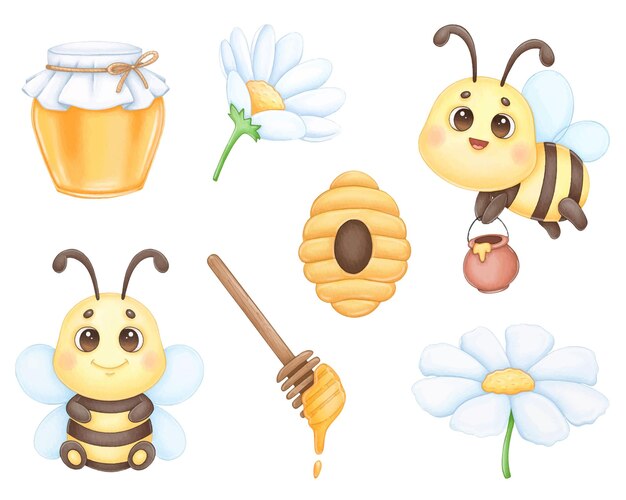 Vector bee and honey watercolor clipart