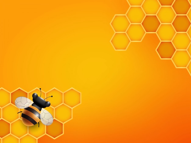 Bee and honeycomb background in orange color