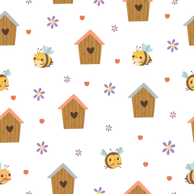 Bee houses seamless pattern