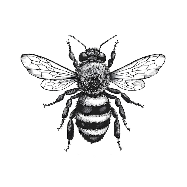 Bee ink sketch drawing black and white engraving style vector illustration