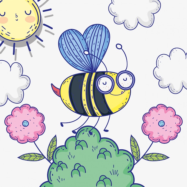 Vector bee insect animal with flowers and clouds