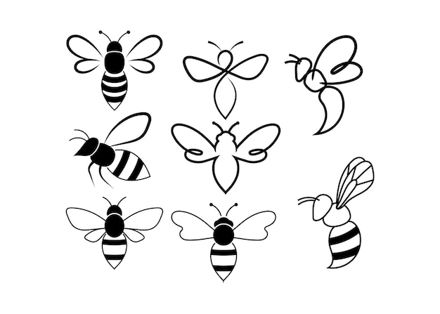 Bee line art illustration vector set