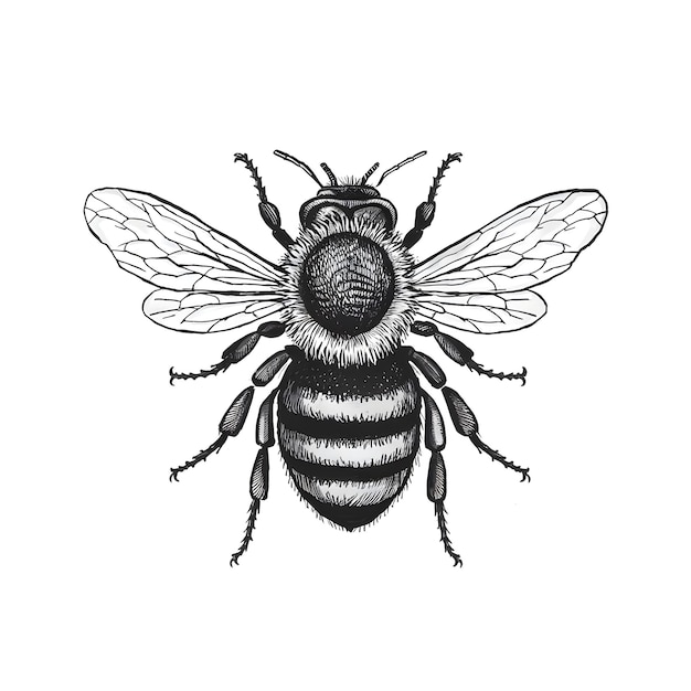 Bee monochrome ink sketch vector drawing engraving style illustration