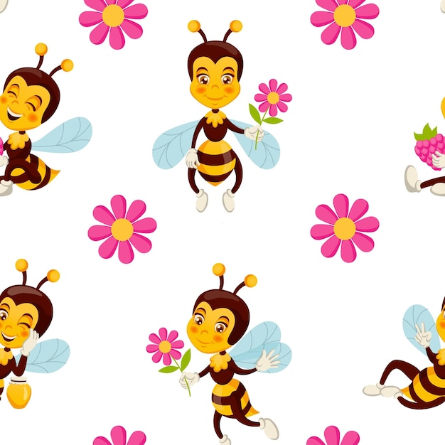 Bee naadloze patroon Leuke lente print zomer baby textuur mooi insect met honing eenvoudige elegante achtergrond voor behang Decor textiel inpakpapier Vector stripfiguur