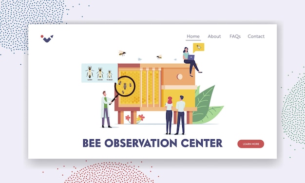 Bee observation center landing page template. tiny scientists characters learning bees at huge beehive with three types of insects queen, drone and worker. cartoon people vector illustration