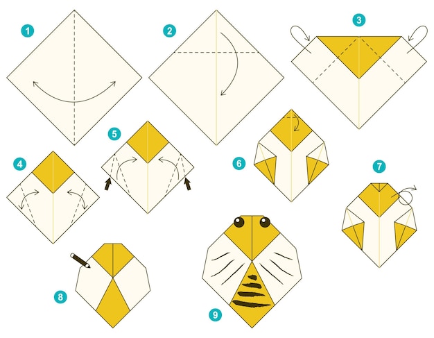 Bee origami schema tutorial bewegend model. Origami voor kinderen. Stap voor stap hoe je een schattige origami maakt