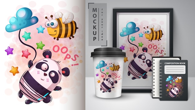 Vettore bee and panda - movckup per la tua idea