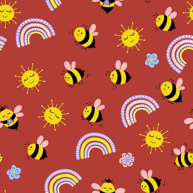 Bee seamless pattern carino disegnato a mano api fiori nuvole arcobaleno sole