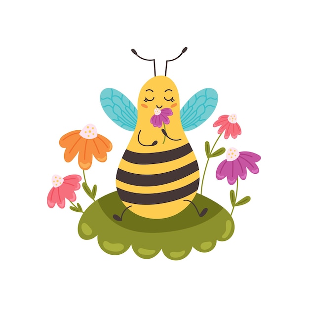 Bee sitting on a flower lawn. A cute bumblebee enjoying the scent of a flower. Character funny animal. Vector illustration