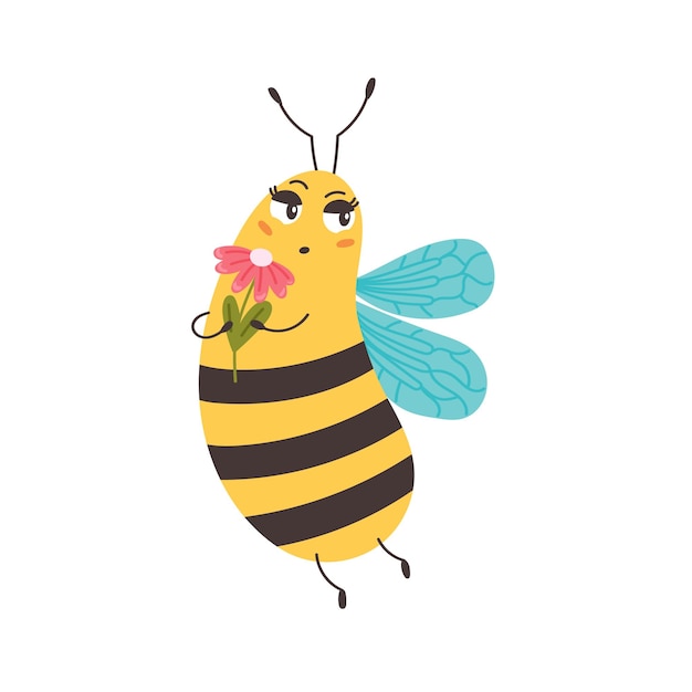 Пчела нюхает цветы. Шмели наслаждаются ароматом бутона. Персонаж забавное животное. Векторная иллюстрация
