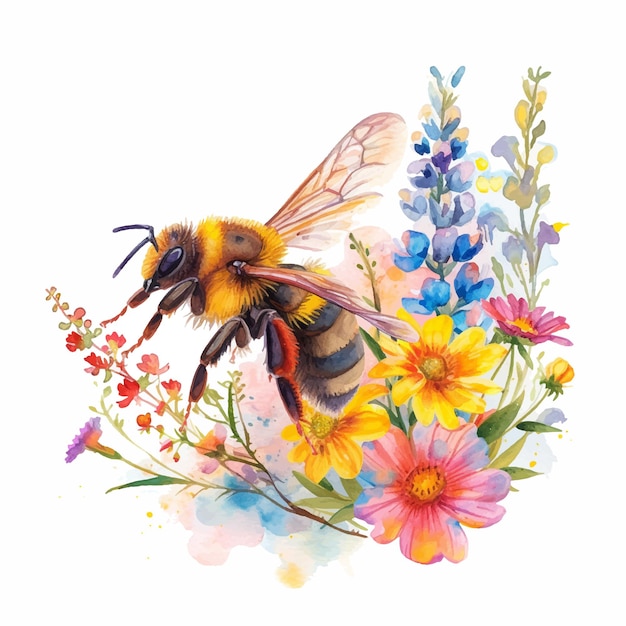 Пчелы берут нектар из цветов акварельные краски