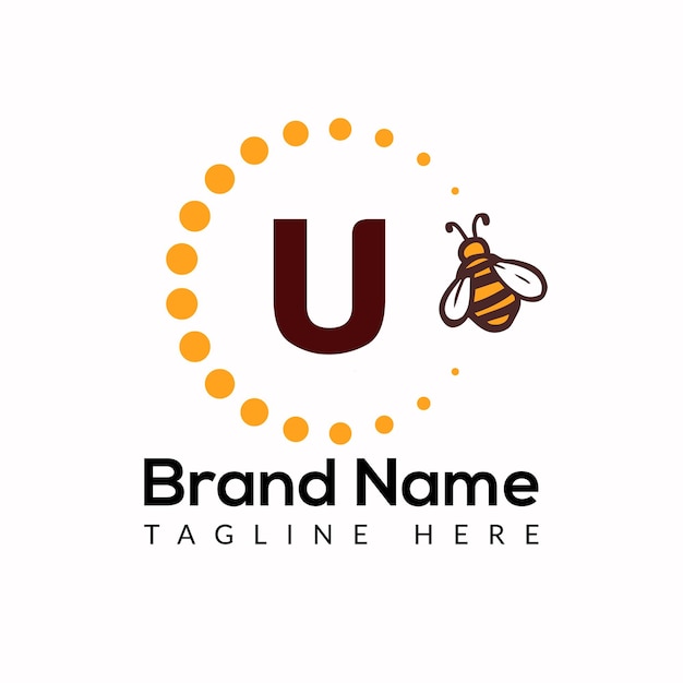 U レターの蜂テンプレート。蜂と蜂蜜のロゴのデザイン コンセプト