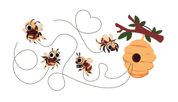 蜂の跡漫画の飛んでいるミツバチのダッシュ ルートかわいいブンブンブンブンと面白いハチの描画木の上の蜂の巣と幸せな夏の昆虫ベクトル野生のふわふわのマルハナバチのマスコットと点線の飛行トラック セット