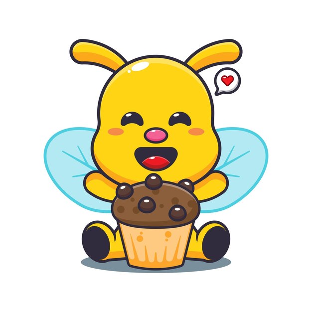 bee with cup cake cartoon vector illustration