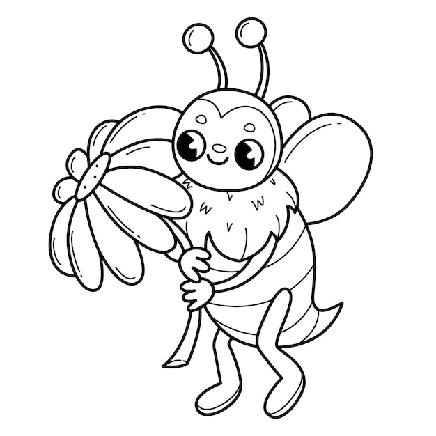 Vector bee with flower coloring book for kids coloring page with bee black and white illustration