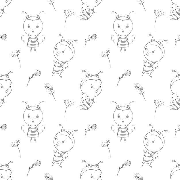 벡터 원활한 패턴에 꽃과 꿀벌 귀여운 어린이 캐릭터 그림