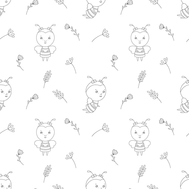 Bee with flowers on vector seamless pattern Cute children character