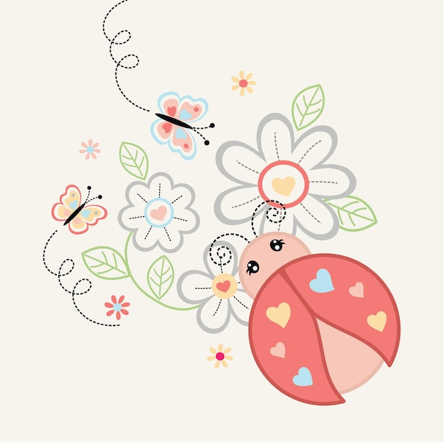 Vector bee with ladybug and flowers