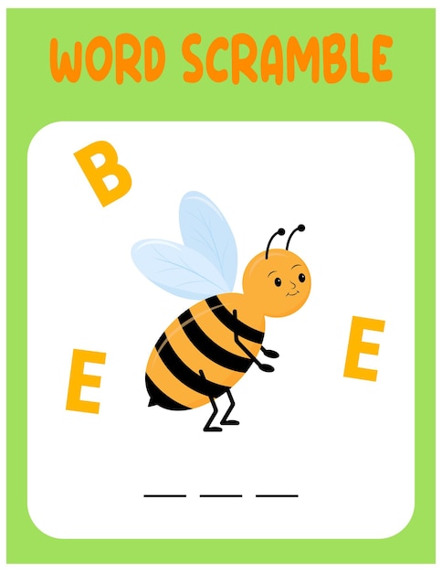 Bee Word scramble Educatief spel voor kinderen Werkblad Engelse taal voor kleuters