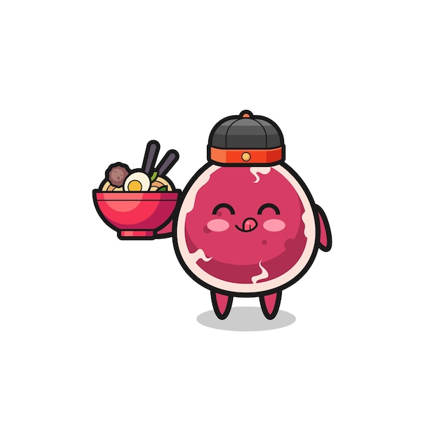 beef as Chinese chef mascot holding a noodle bowl
