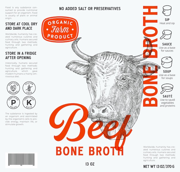 Beef bone broth label template abstract vector food packaging design layout modern typography with h...