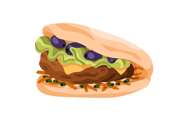 Vector beef cutlet olives cheese and lettuce in pita wrap greek snack flatbread sandwich with tasty filling meat greens fried onion in pitta flat vector illustration isolated on white background