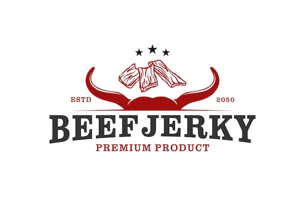 Vector beef jerky food meat logo design restaurant slice icon symbol cow head horns