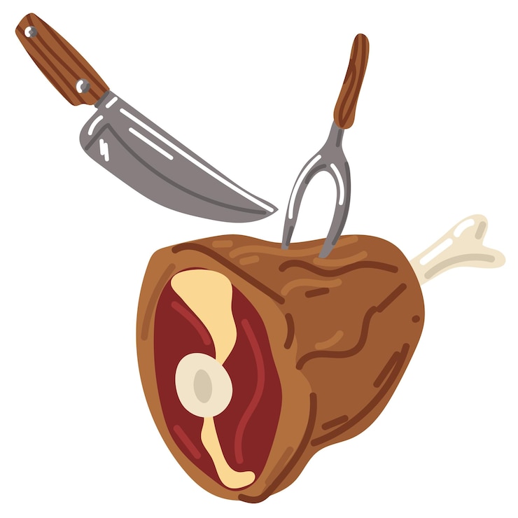 Vector beef leg is cut with a knife into steaks baked pork tenderloin knife fork in cartoon style on white