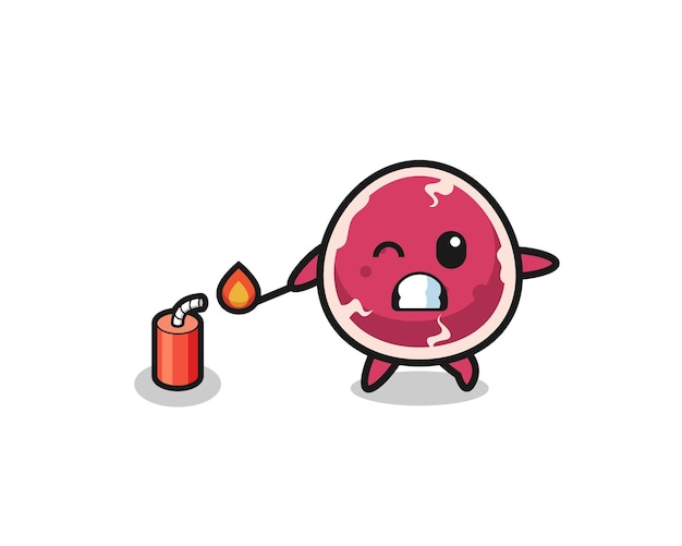 Beef mascot illustration playing firecracker cute design