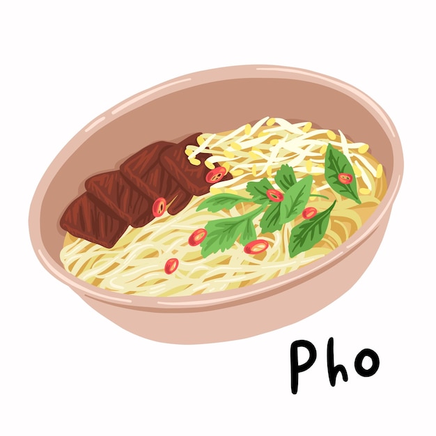 Vector beef pho with rice noodle illustration viatnam cuisine delicious food