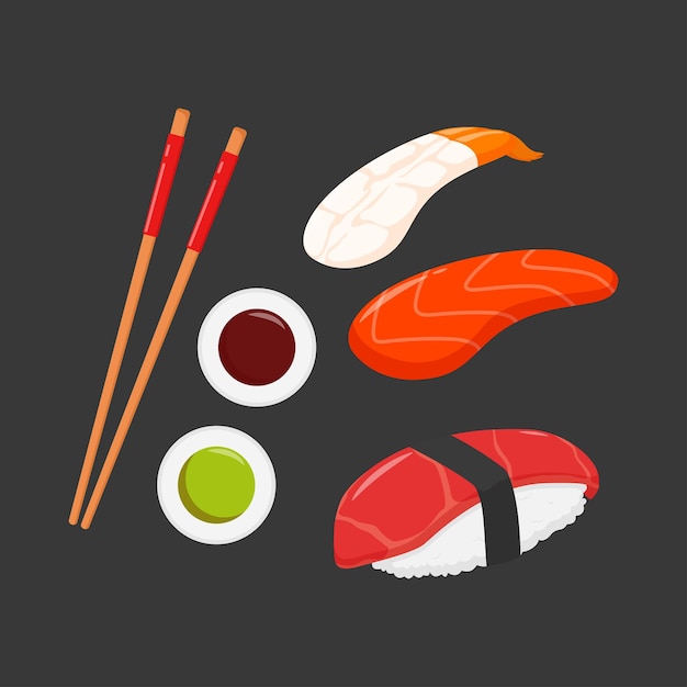 Beef prawn and fish sashimi illustration design with sauce and chopsticks