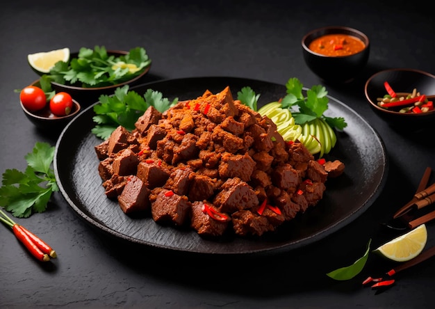 Vector beef rendang on black plate at black slate table top indonesian padang cuisine meat dish asian food illustration