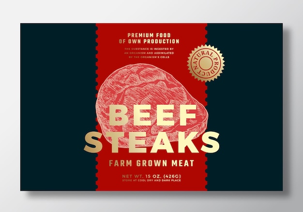 Beef steak vector packaging label design template hand drawn ham meat sketch layout di sfondo