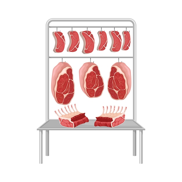 Vector beef steaks and slabs hanging on metal hooks vector illustration