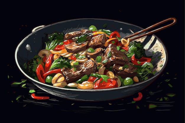 Beef and vegetables stir fry in black plate vector illustration