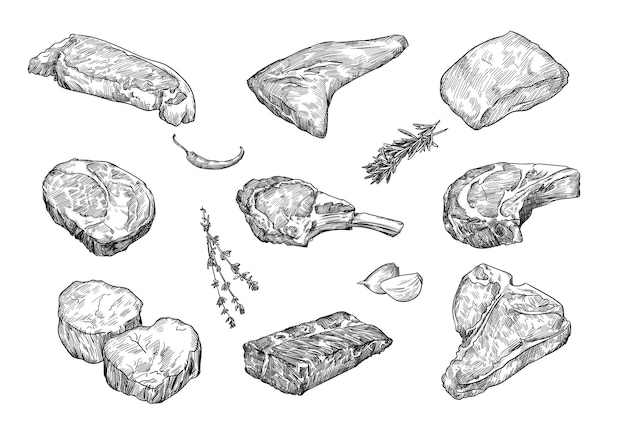 Beefsteaks hand drawn illustration set