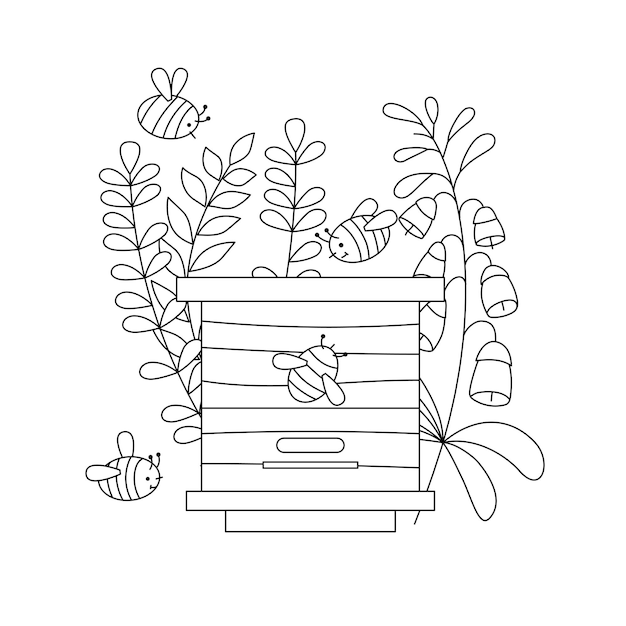 Beehive and bees picture for coloring