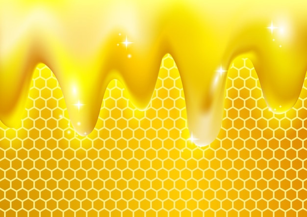 Vector beehive on golden screen abstract hexagonal pattern background hexagon design realistic golden yellow syrup honey drops or liquid oil droplets splashes