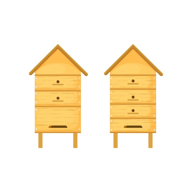 A beehive A set of wooden beehives for honey bees Bee houses made of wood in the form of houses Vector illustration