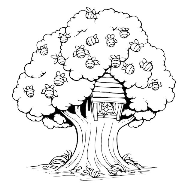 아이들을 위한 나무 위의 벌집 색칠하기 페이지