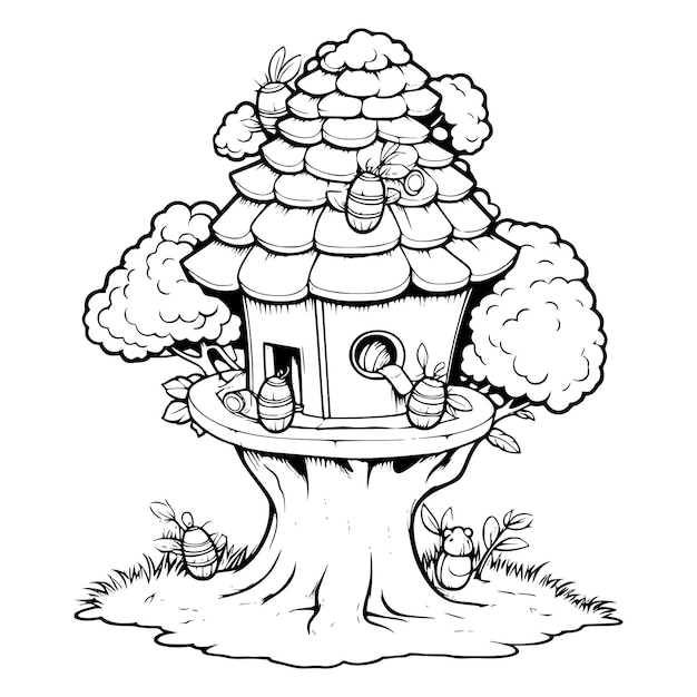 Vector beehive on a tree coloring page for kids