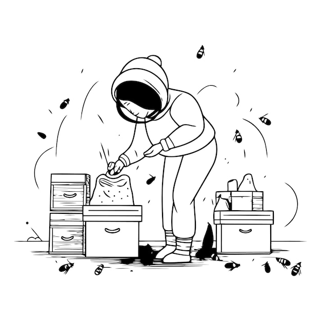 ベクトル 作業中の養蜂家 養蜂の概念 手描きのベクトルイラスト