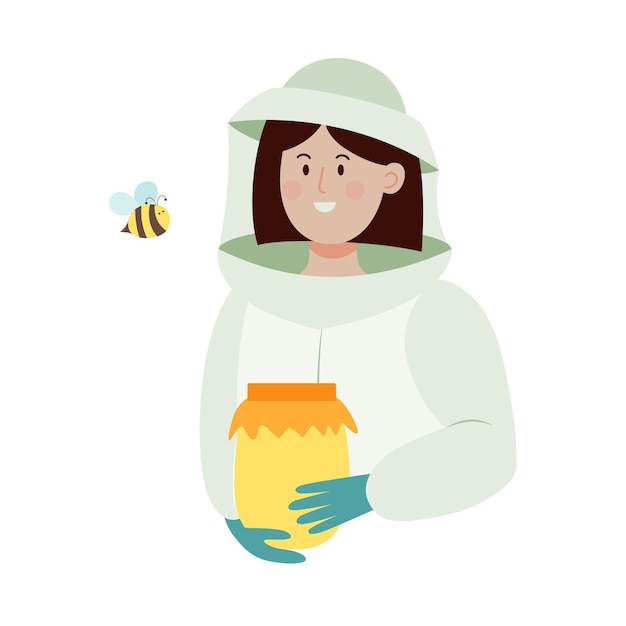 蜂蜜の瓶と蜂の保護スーツの養蜂家の女性キャラクターフラットベクトルイラスト