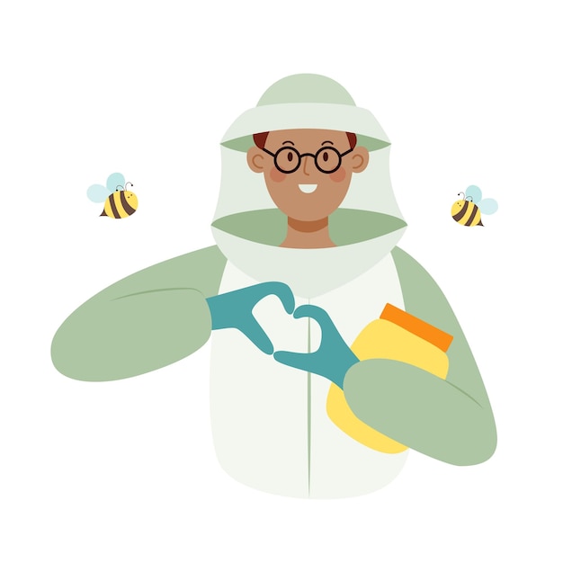 Vector beekeeper male character in a bee protection suit with a jar of honey flat vector illustration