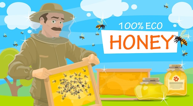 Vector beekeeper offers natural honey vector