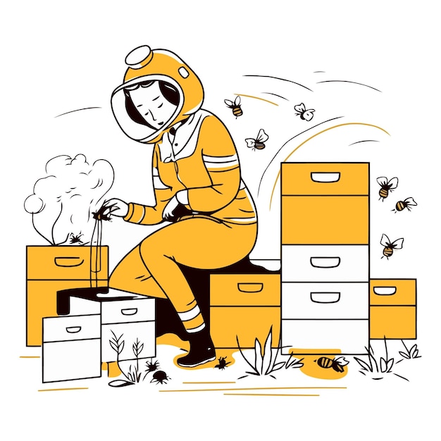 Beekeeper in protective suit and mask working in apiary