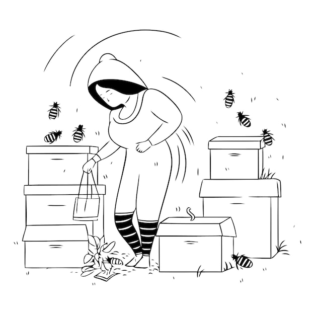 Beekeeper with boxes of honey and bees in doodle style