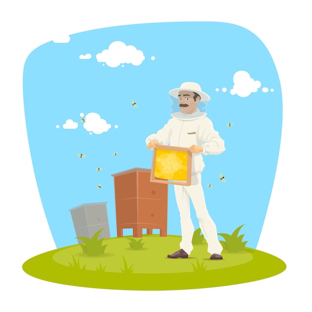 Vector beekeeper with honeycomb frame and honey icon